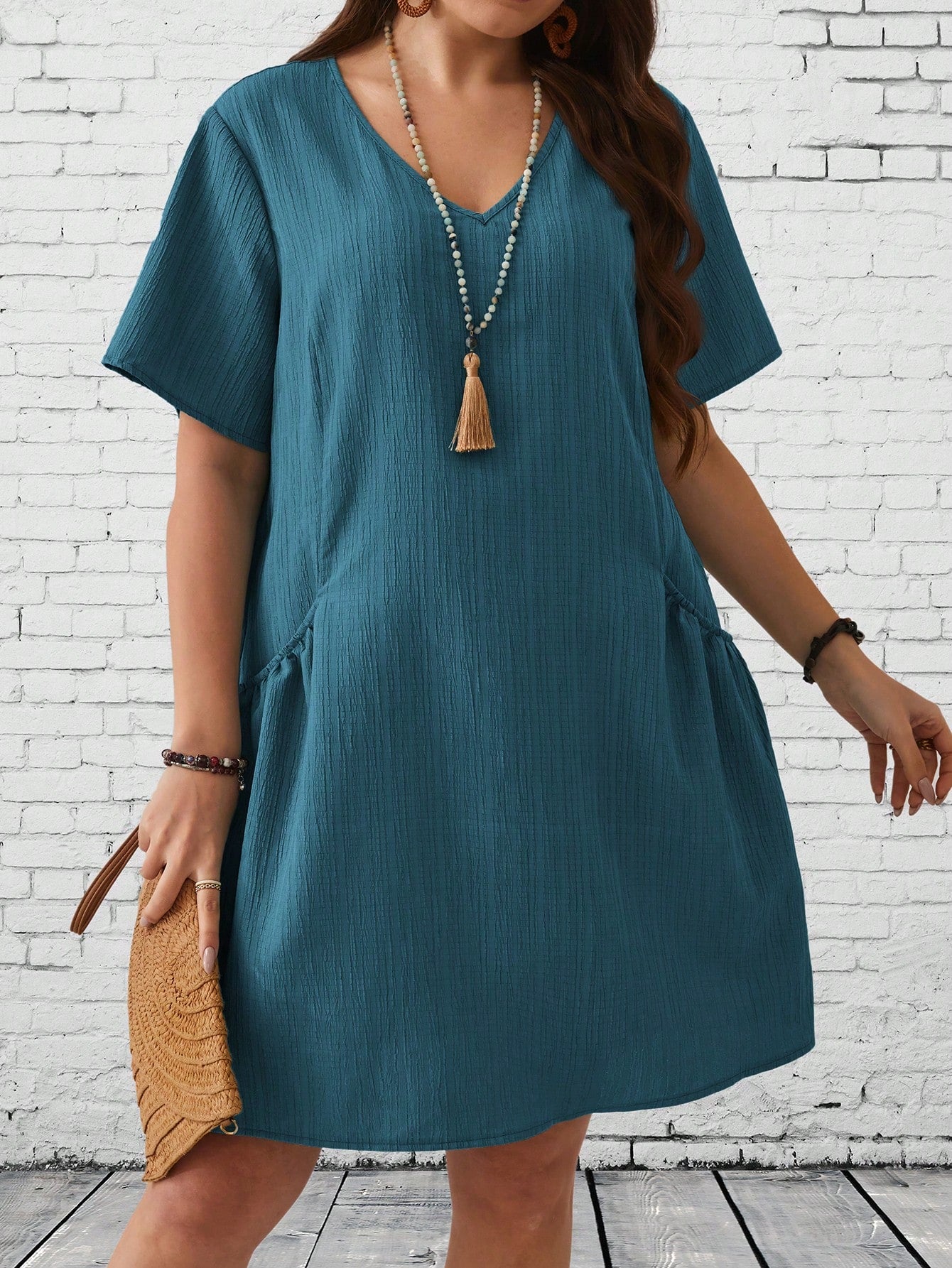 V-neck Side Pocket Solid Plus Size Dress