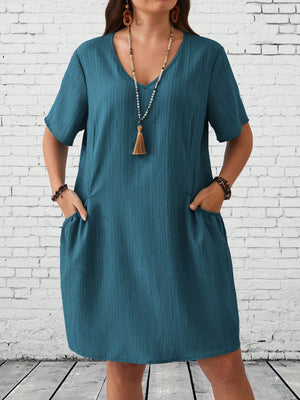 V-neck Side Pocket Solid Plus Size Dress