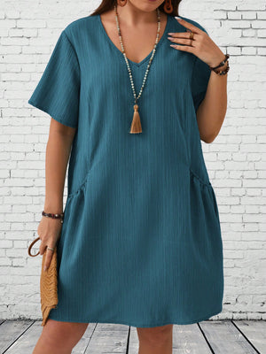 V-neck Side Pocket Solid Plus Size Dress