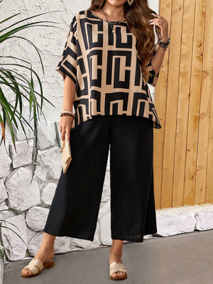 Geometric Batwing Sleeve Top & Side Pocket Garter Wide Leg Pants Plus Size Terno Set Coords