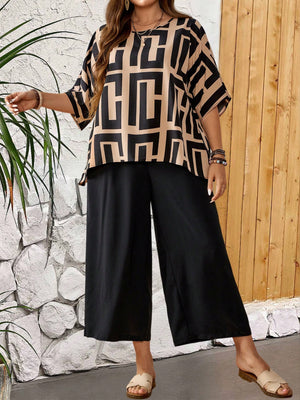 Geometric Batwing Sleeve Top & Side Pocket Garter Wide Leg Pants Plus Size Terno Set Coords