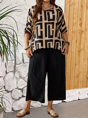 Geometric Batwing Sleeve Top & Side Pocket Garter Wide Leg Pants Plus Size Terno Set Coords