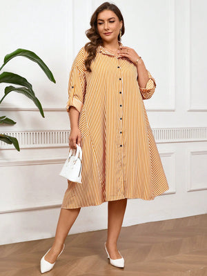 Belted Sleeve Button Down Polo Neck Stripe Patch Detail Plus Size Dress