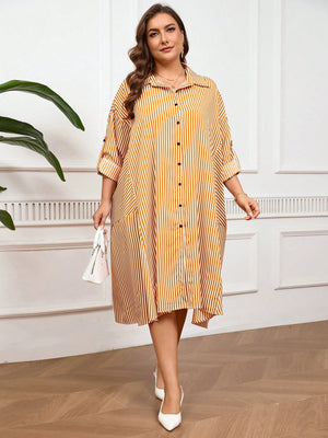 Belted Sleeve Button Down Polo Neck Stripe Patch Detail Plus Size Dress