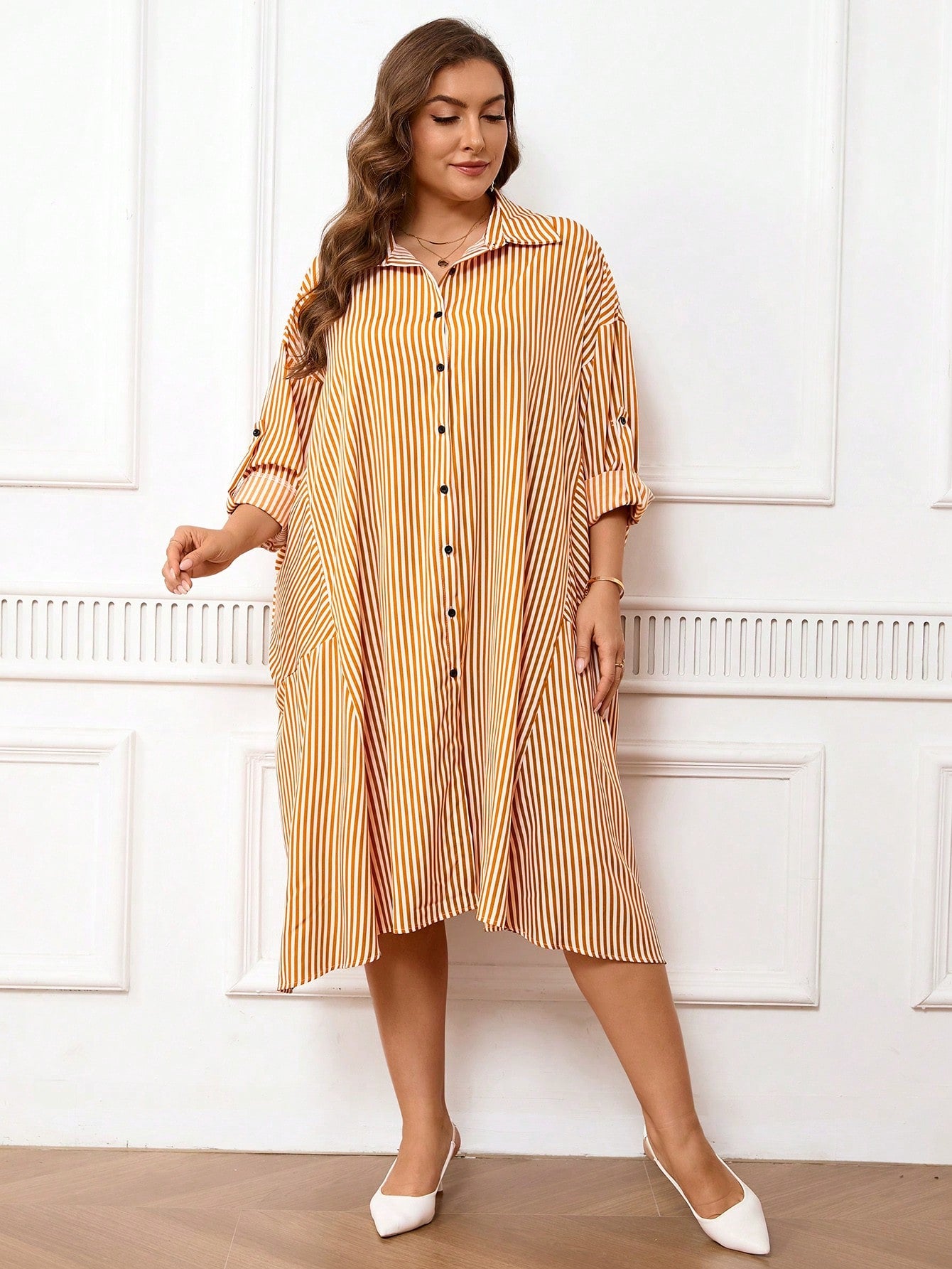 Belted Sleeve Button Down Polo Neck Stripe Patch Detail Plus Size Dress