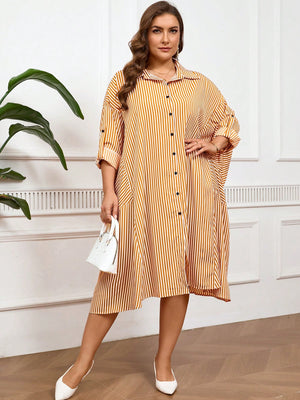 Belted Sleeve Button Down Polo Neck Stripe Patch Detail Plus Size Dress