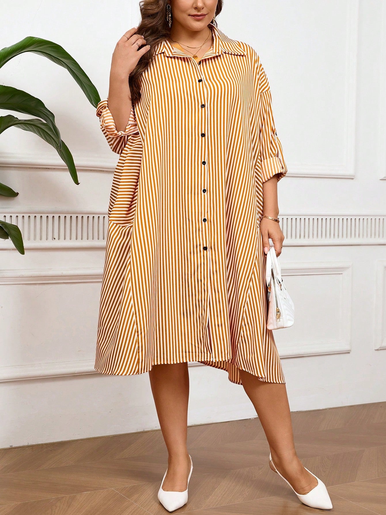 Belted Sleeve Button Down Polo Neck Stripe Patch Detail Plus Size Dress