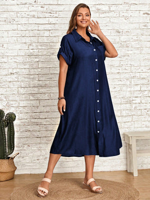 Single Pocket Button Down Collar Neck Polo Shirt Plus Size Dress