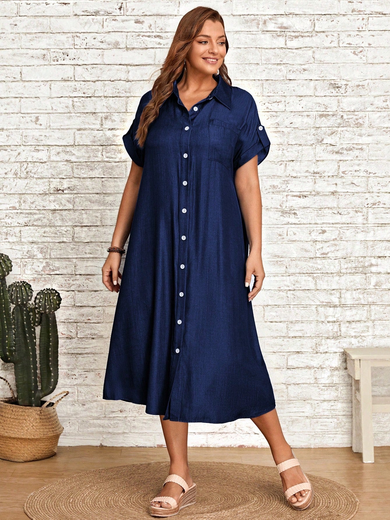 Single Pocket Button Down Collar Neck Polo Shirt Plus Size Dress