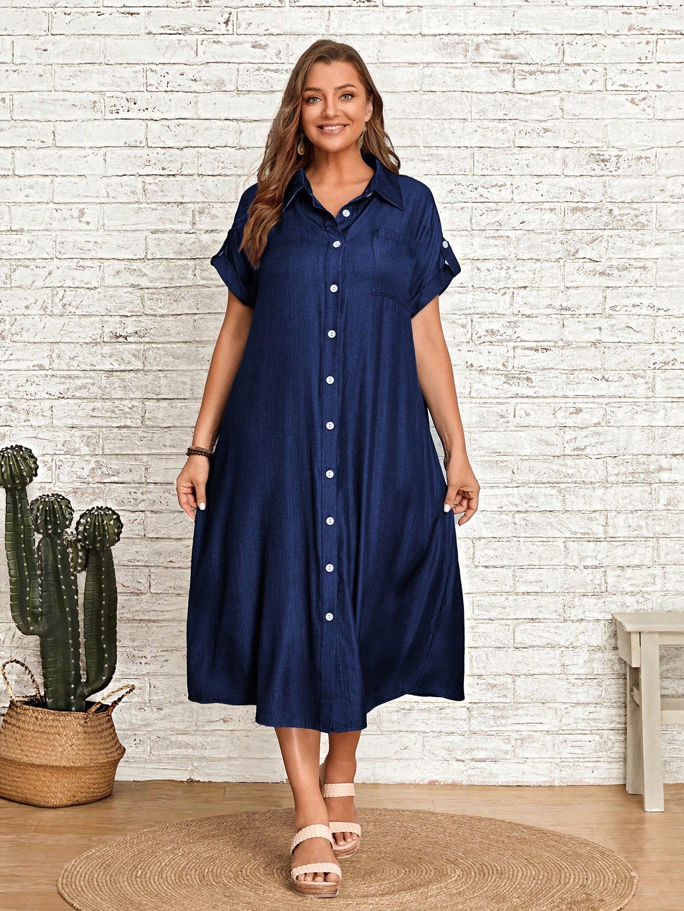 Single Pocket Button Down Collar Neck Polo Shirt Plus Size Dress