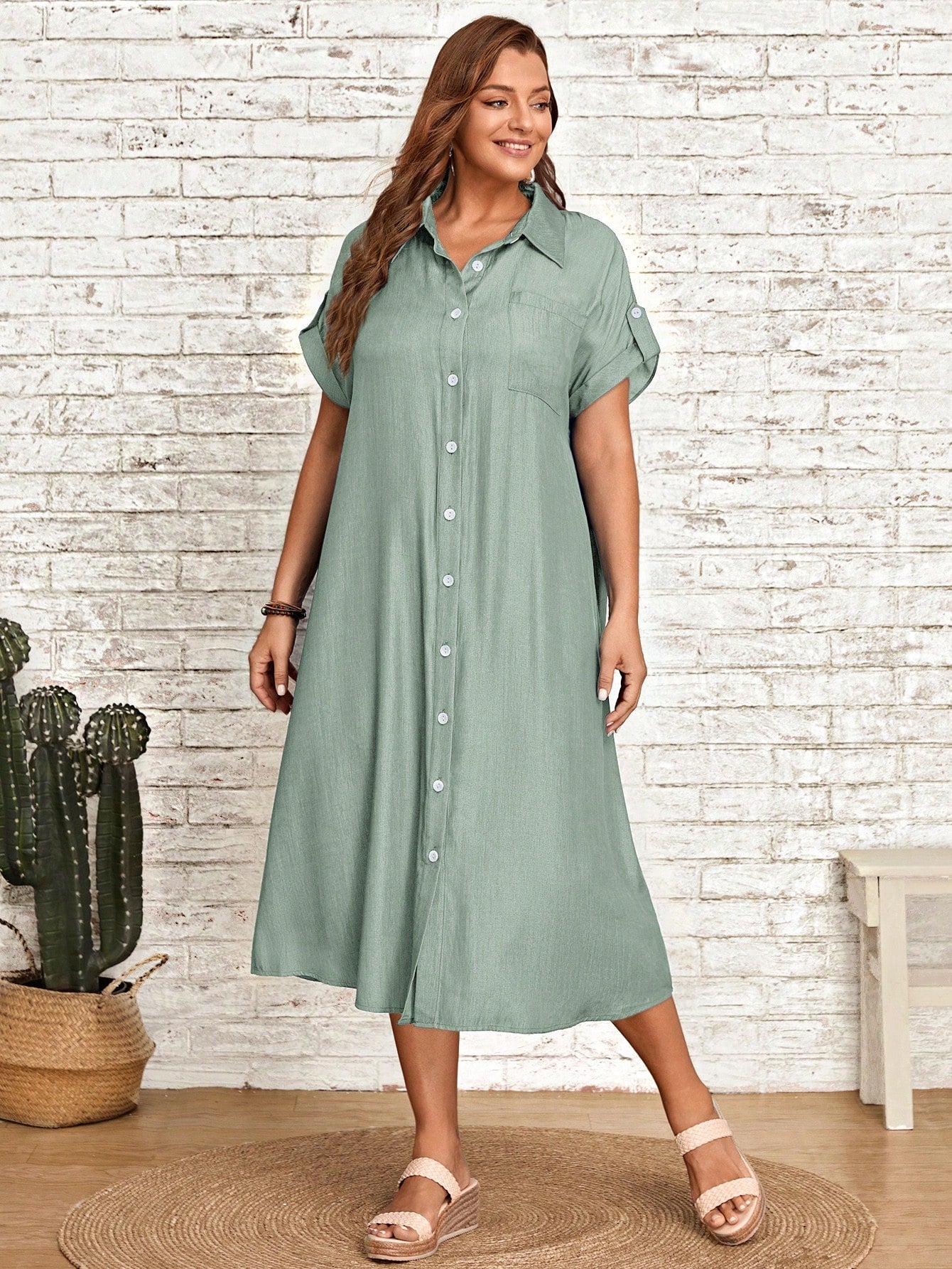 Single Pocket Button Down Collar Neck Polo Shirt Plus Size Dress