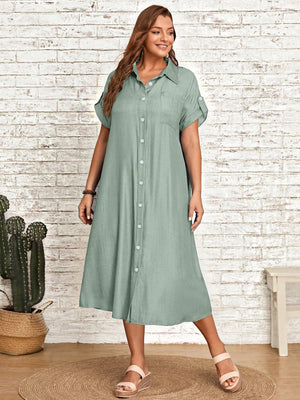 Single Pocket Button Down Collar Neck Polo Shirt Plus Size Dress