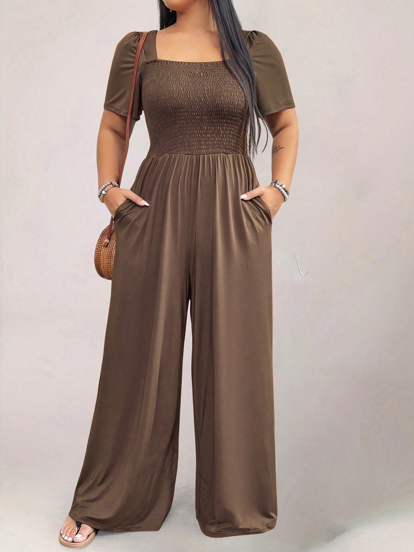 Square Neck Shirred Upper Side Pocket Plus Size Jumpsuit