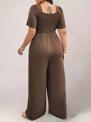 Square Neck Shirred Upper Side Pocket Plus Size Jumpsuit