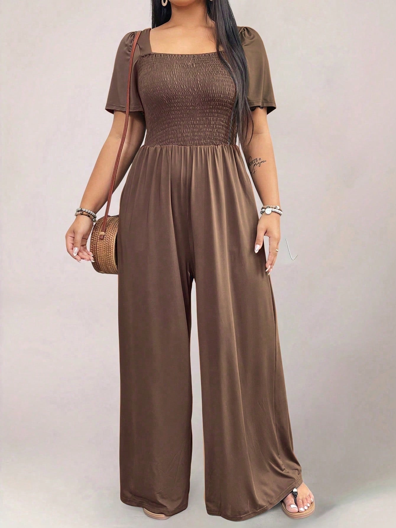 Square Neck Shirred Upper Side Pocket Plus Size Jumpsuit