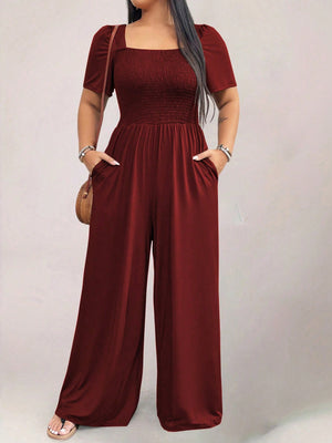 Square Neck Shirred Upper Side Pocket Plus Size Jumpsuit