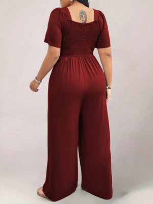 Square Neck Shirred Upper Side Pocket Plus Size Jumpsuit