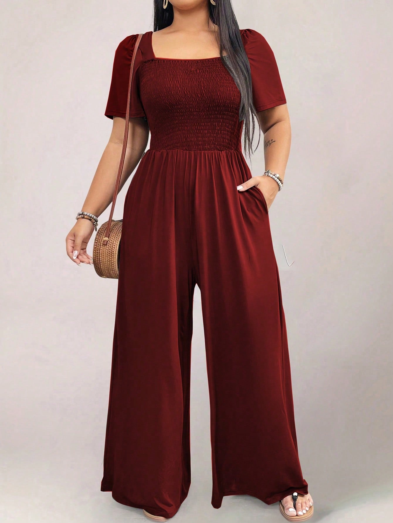 Square Neck Shirred Upper Side Pocket Plus Size Jumpsuit