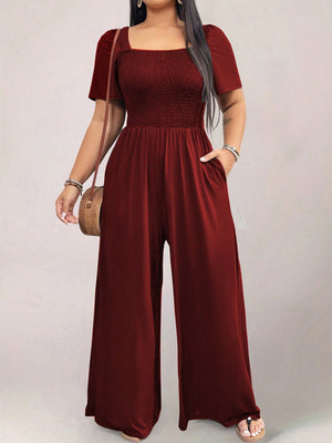 Square Neck Shirred Upper Side Pocket Plus Size Jumpsuit