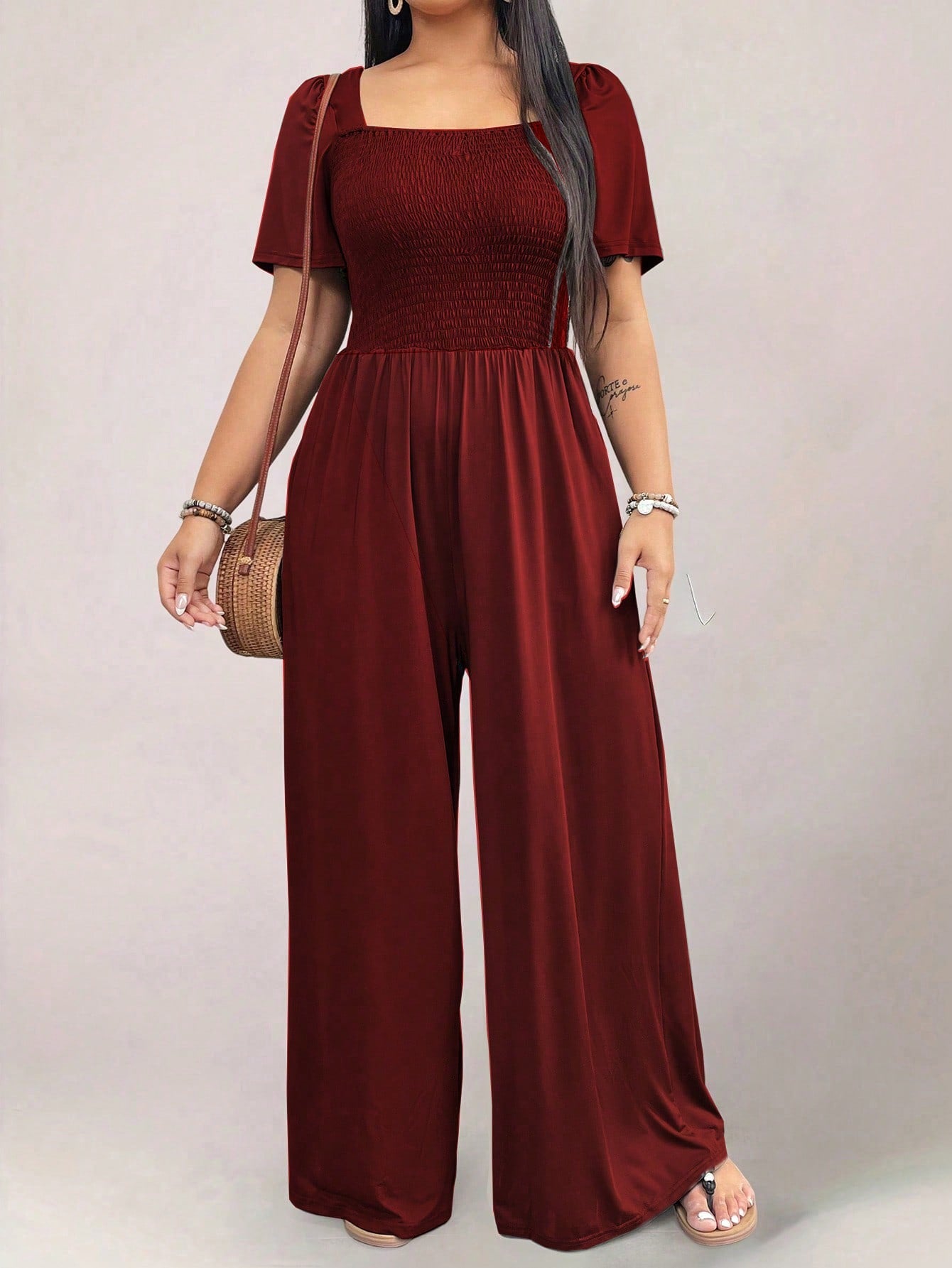 Square Neck Shirred Upper Side Pocket Plus Size Jumpsuit