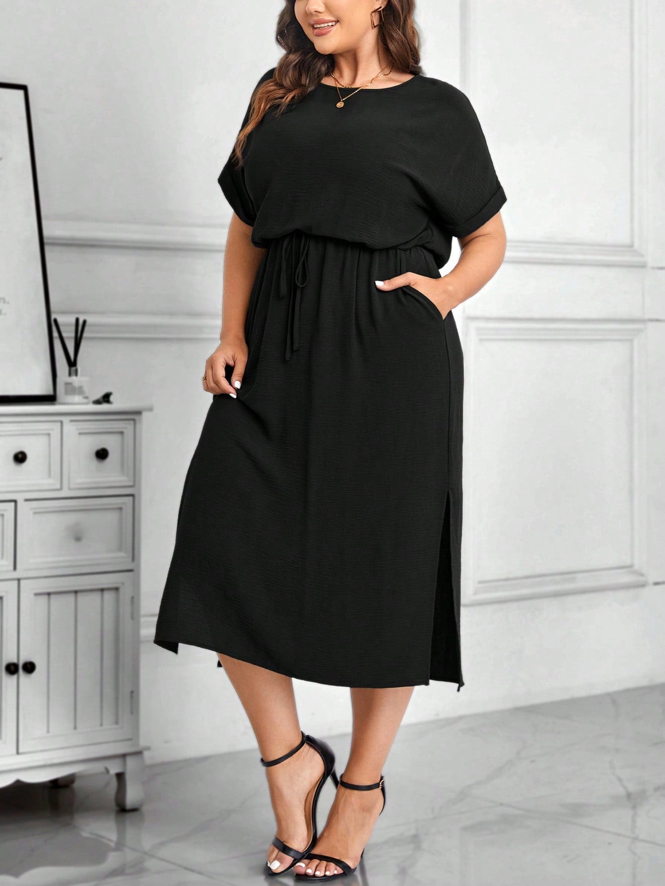 Side Pocket Side Slit Hem Garter Drawstring Waist Fold-up Batwing Sleeve Plus Size Dress