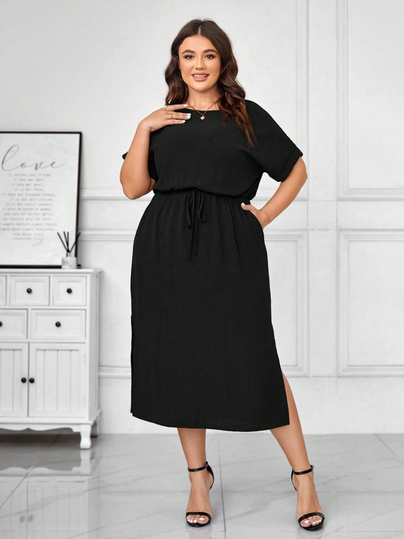 Side Pocket Side Slit Hem Garter Drawstring Waist Fold-up Batwing Sleeve Plus Size Dress