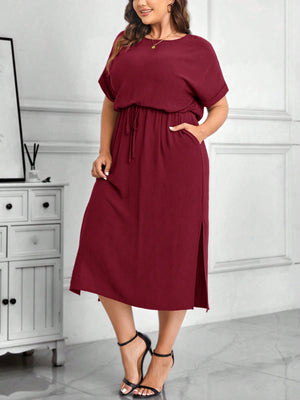 Side Pocket Side Slit Hem Garter Drawstring Waist Fold-up Batwing Sleeve Plus Size Dress