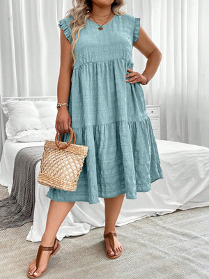 V-neck Ruffle Sleeve Flounce Hem Plus Size Dress