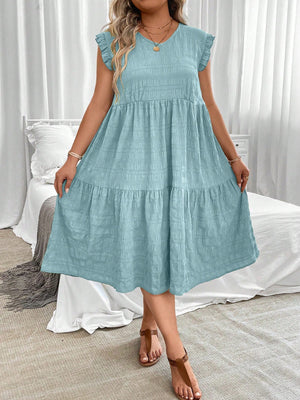 V-neck Ruffle Sleeve Flounce Hem Plus Size Dress