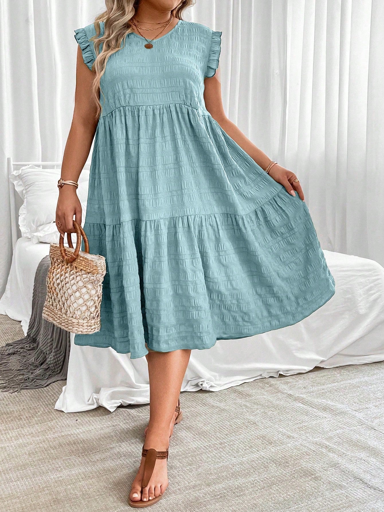 V-neck Ruffle Sleeve Flounce Hem Plus Size Dress