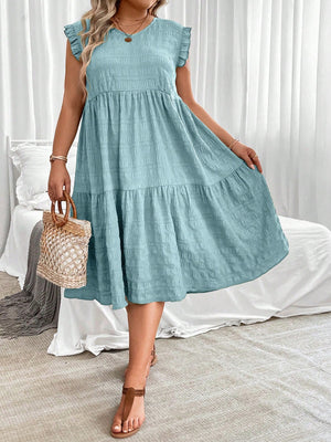 V-neck Ruffle Sleeve Flounce Hem Plus Size Dress