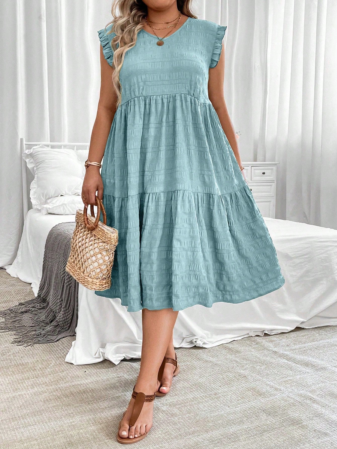 V-neck Ruffle Sleeve Flounce Hem Plus Size Dress