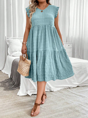 V-neck Ruffle Sleeve Flounce Hem Plus Size Dress