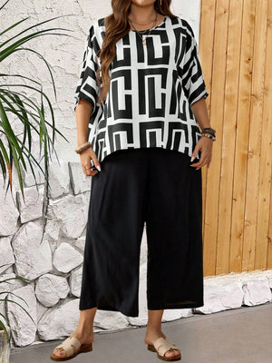 Geometric Batwing Sleeve Top & Side Pocket Garter Wide Leg Pants Plus Size Terno Set Coords