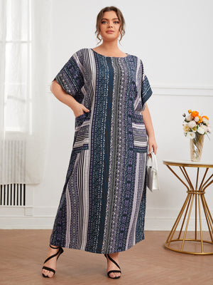 Side Pocket Batwing Sleeve Vintage Print Plus Size Long Dress