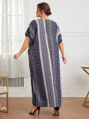 Side Pocket Batwing Sleeve Vintage Print Plus Size Long Dress