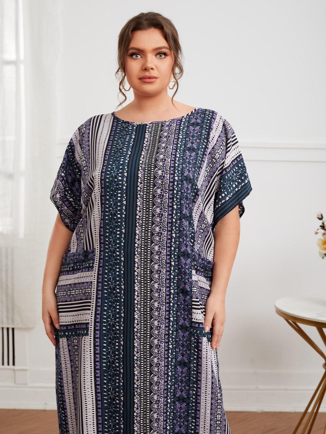 Side Pocket Batwing Sleeve Vintage Print Plus Size Long Dress