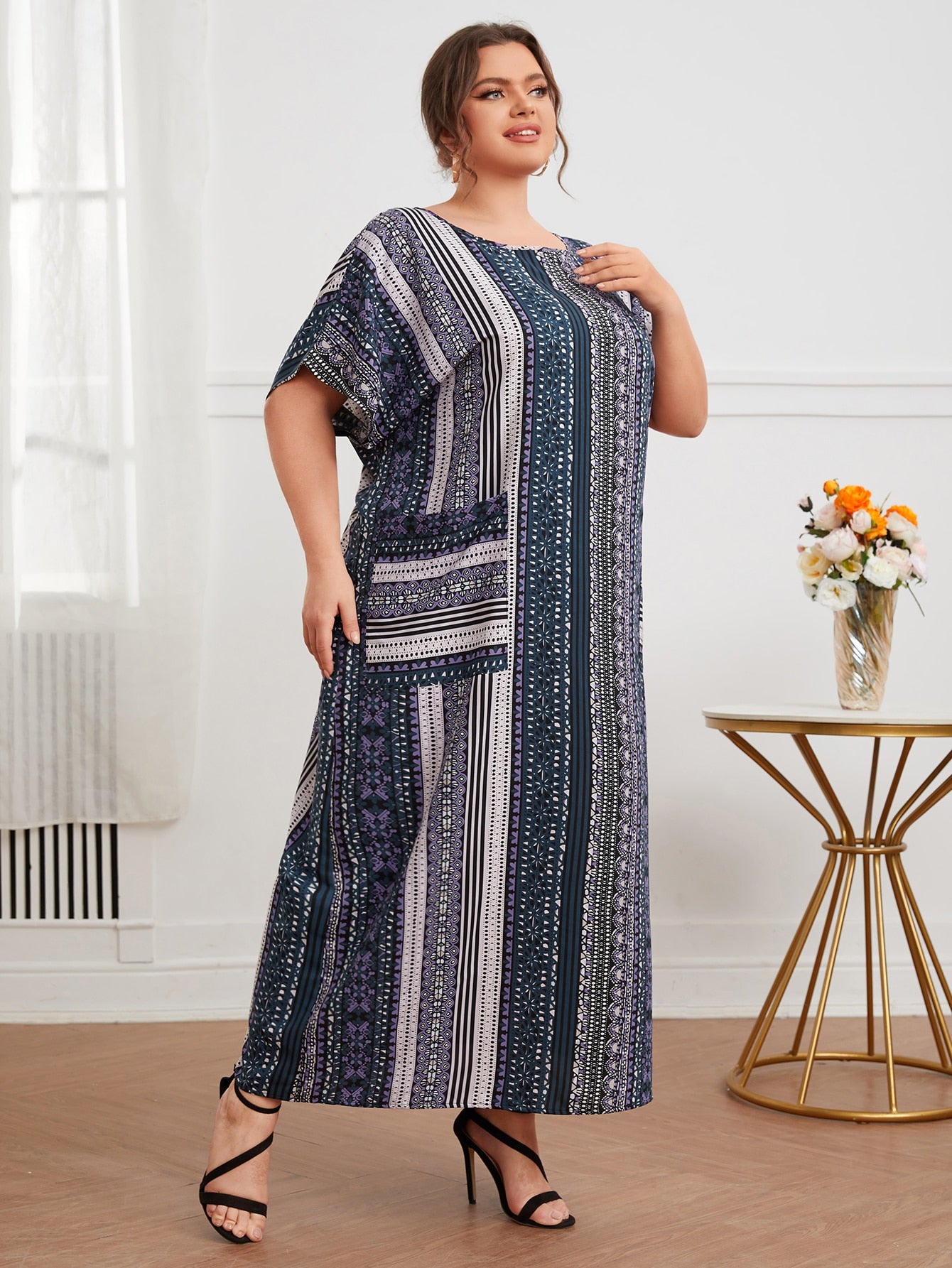 Side Pocket Batwing Sleeve Vintage Print Plus Size Long Dress