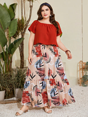 Solid Top & Plant Pattern Garter Skirt Plus Size Terno Set Coords