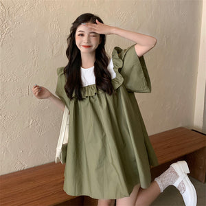 Ruffle Upper Color Contrasted Loose Sleeve Babydoll Dress