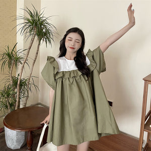 Ruffle Upper Color Contrasted Loose Sleeve Babydoll Dress