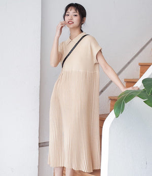 Collar Neck Knitted Oversize Pleated Dress