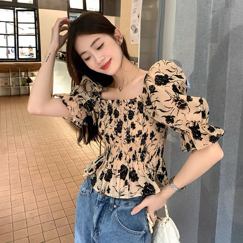 Shirred Upper Square Neck Puff Sleeve Babydoll Blouse Top