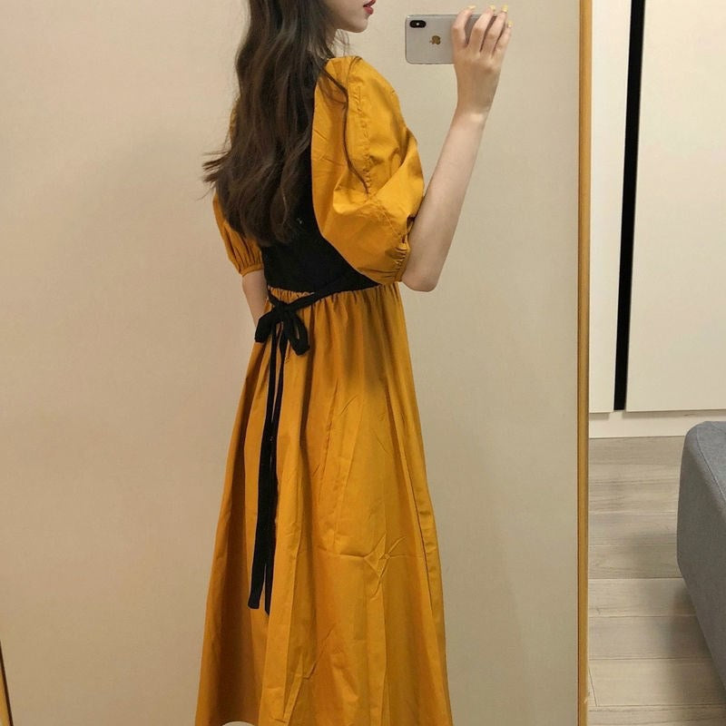 V-neck Puff Sleeve Color Combined Self Belt Solid Dress