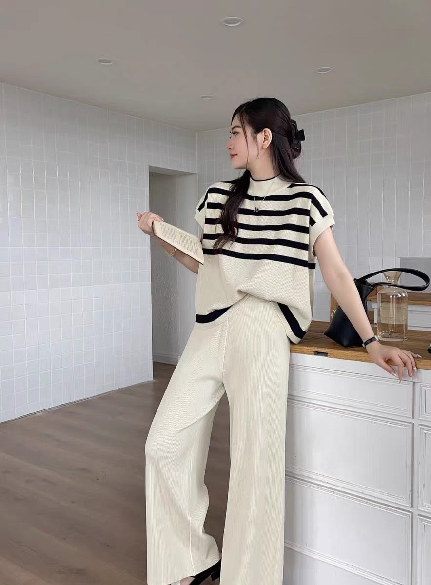 Turtle Neck Stripe Top & Garterized Pants 2 in 1 Oversize Knitted Coords Terno Set