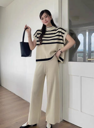 Turtle Neck Stripe Top & Garterized Pants 2 in 1 Oversize Knitted Coords Terno Set