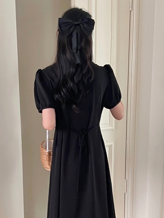 Full Button Up Pleated Detail Elastic Sleeve Belted Dress