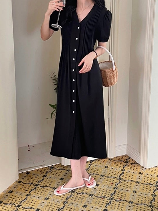 Full Button Up Pleated Detail Elastic Sleeve Belted Dress