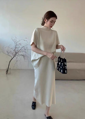 High Quality Knitted Loose Turtle Neck Top & Back Slit Skirt 2 in 1 Coords Terno