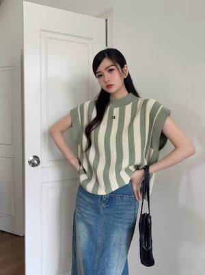 Turtle Neck Stripe Oversize Knitted Top
